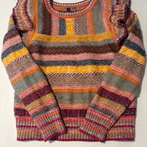 Pilcro Colorful Striped Crew Neck Sweater ruffle sleeve